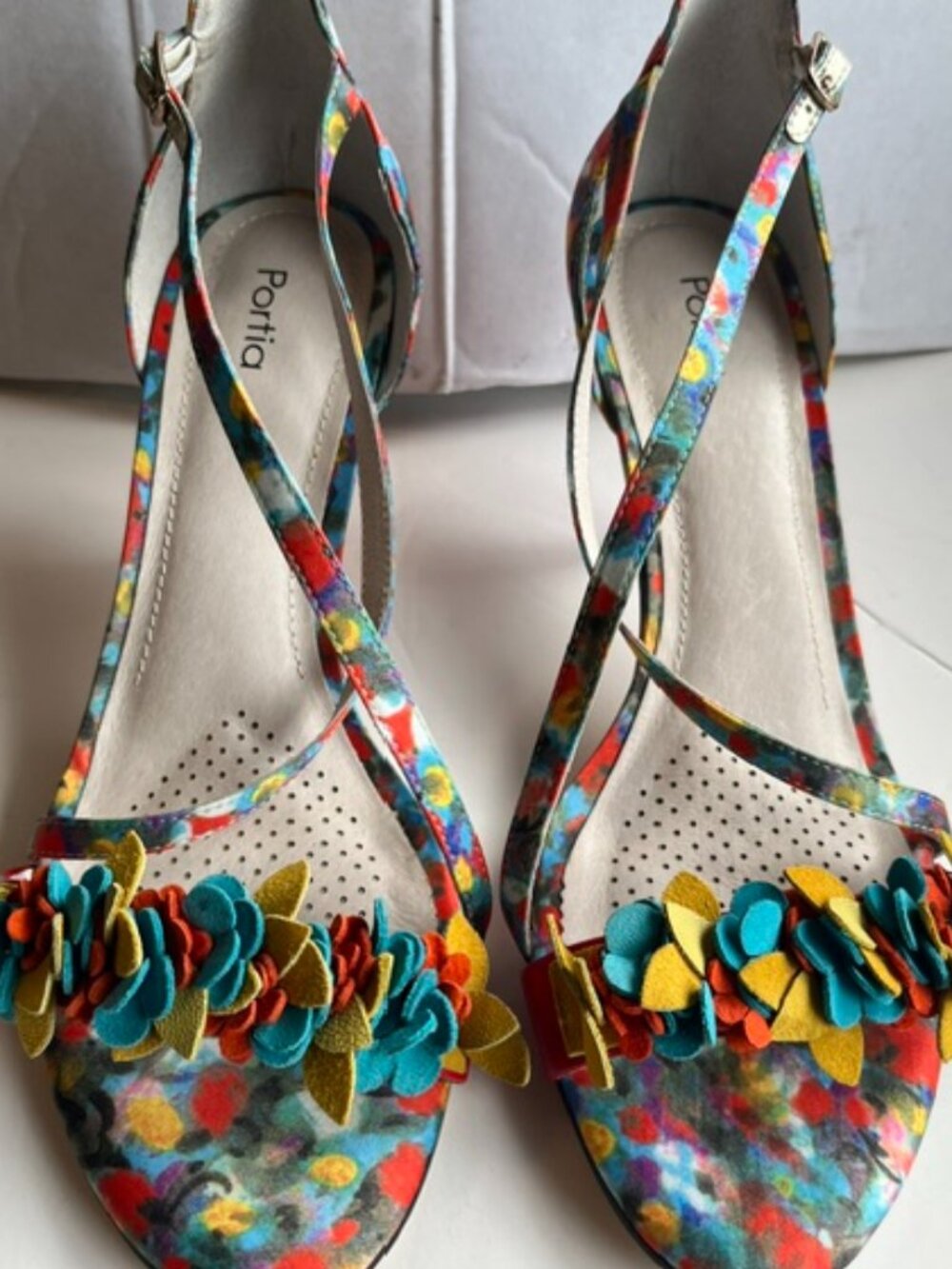 Portia floral heeled leather sandals.